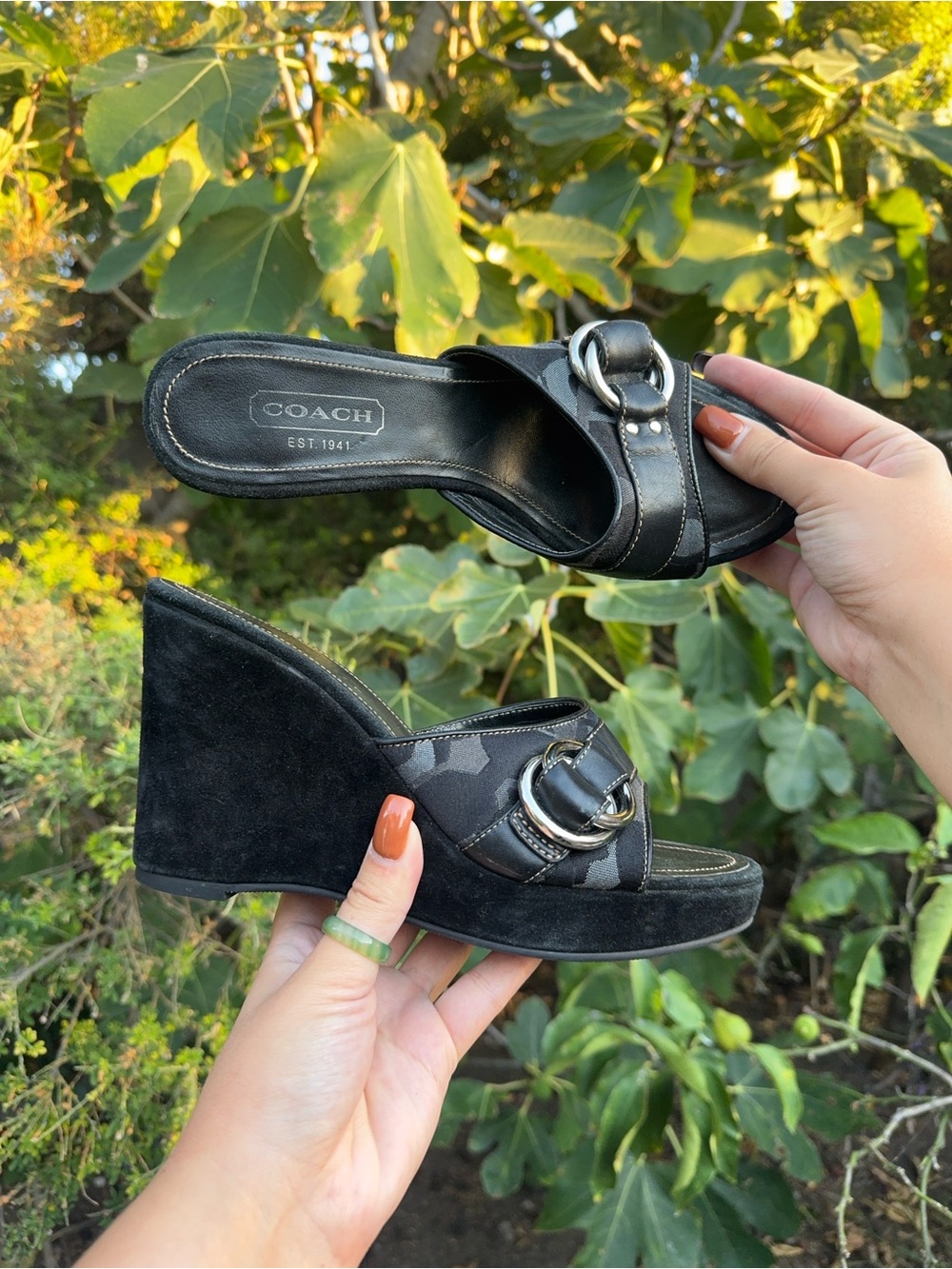 Coach Black Suede & Leather Wedge Slide Sandals with Silver Buckle Y2K